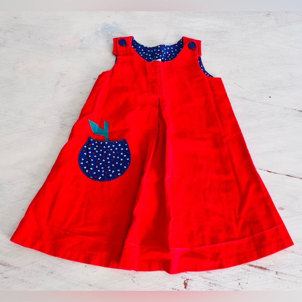 Vintage Corduroy Apple Appliqué Dress In Red Blue Size 4
